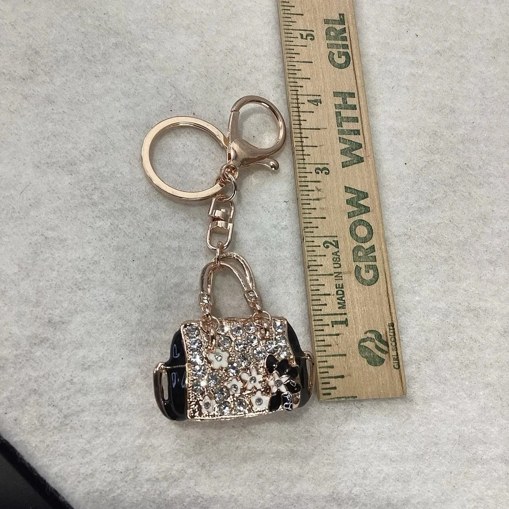 2-Way Black Floral Rhinestone Handbag Charm‎ - Key Chain Rose Gold Tone EUC
